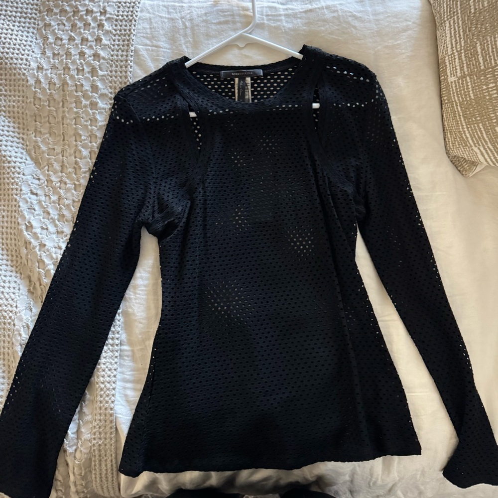 BCBGMaxAzria Black Perforated Long Sleeve Top